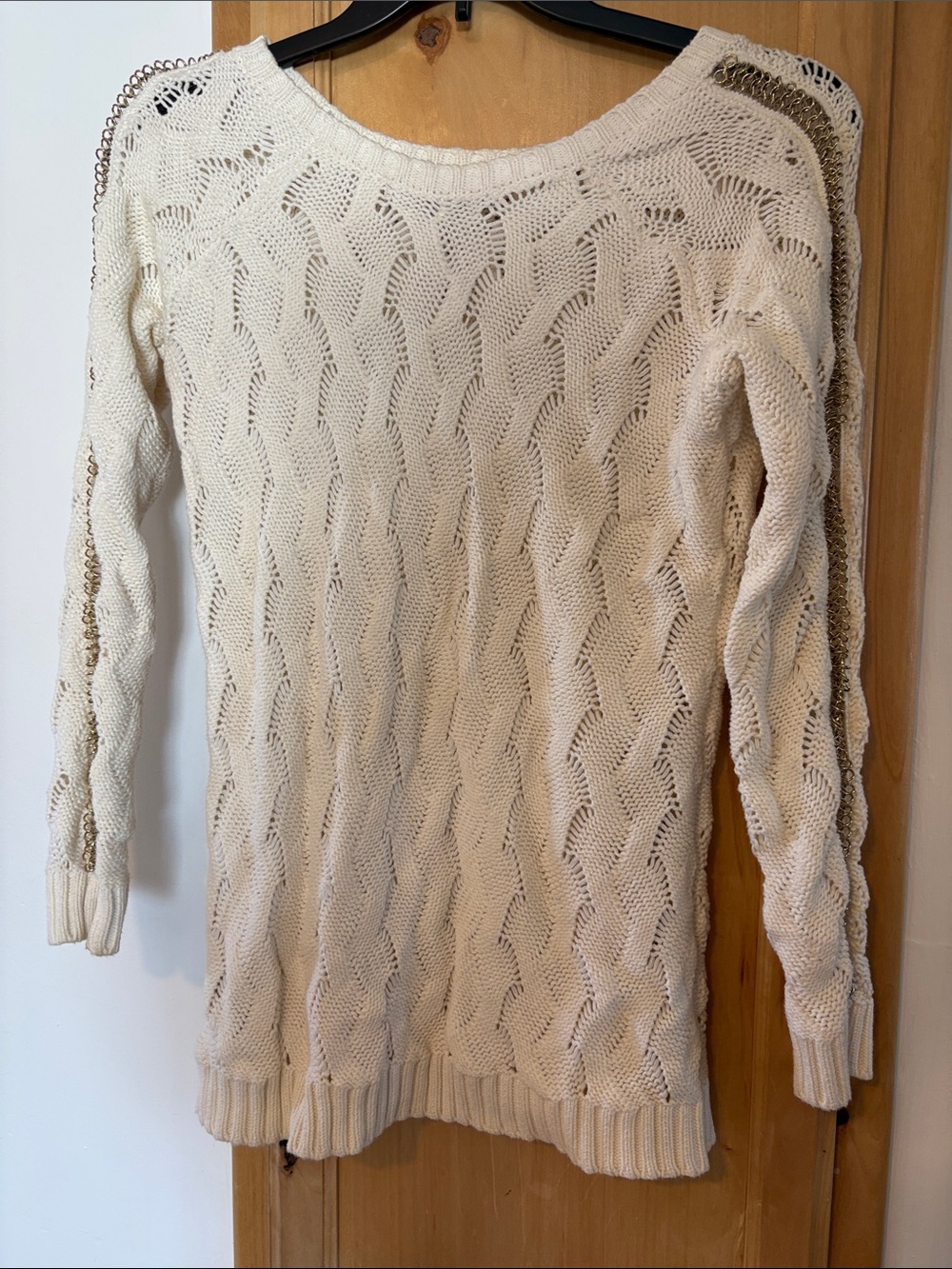 Guess Cream Open-Knit Scoop Neck Sweater with Gold Trim